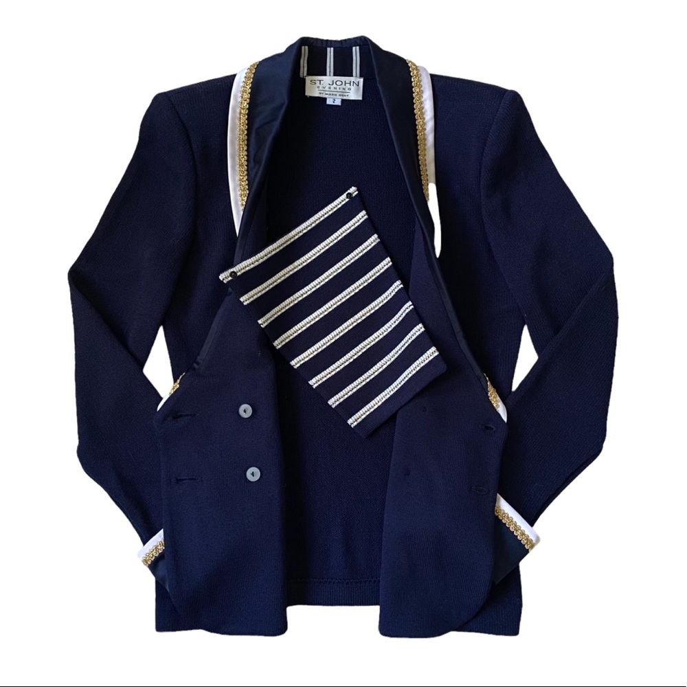 St. John Evening Navy with Satin & Gold Trim French Cuff Knit Jacket, Size 2 - Picture 5 of 8